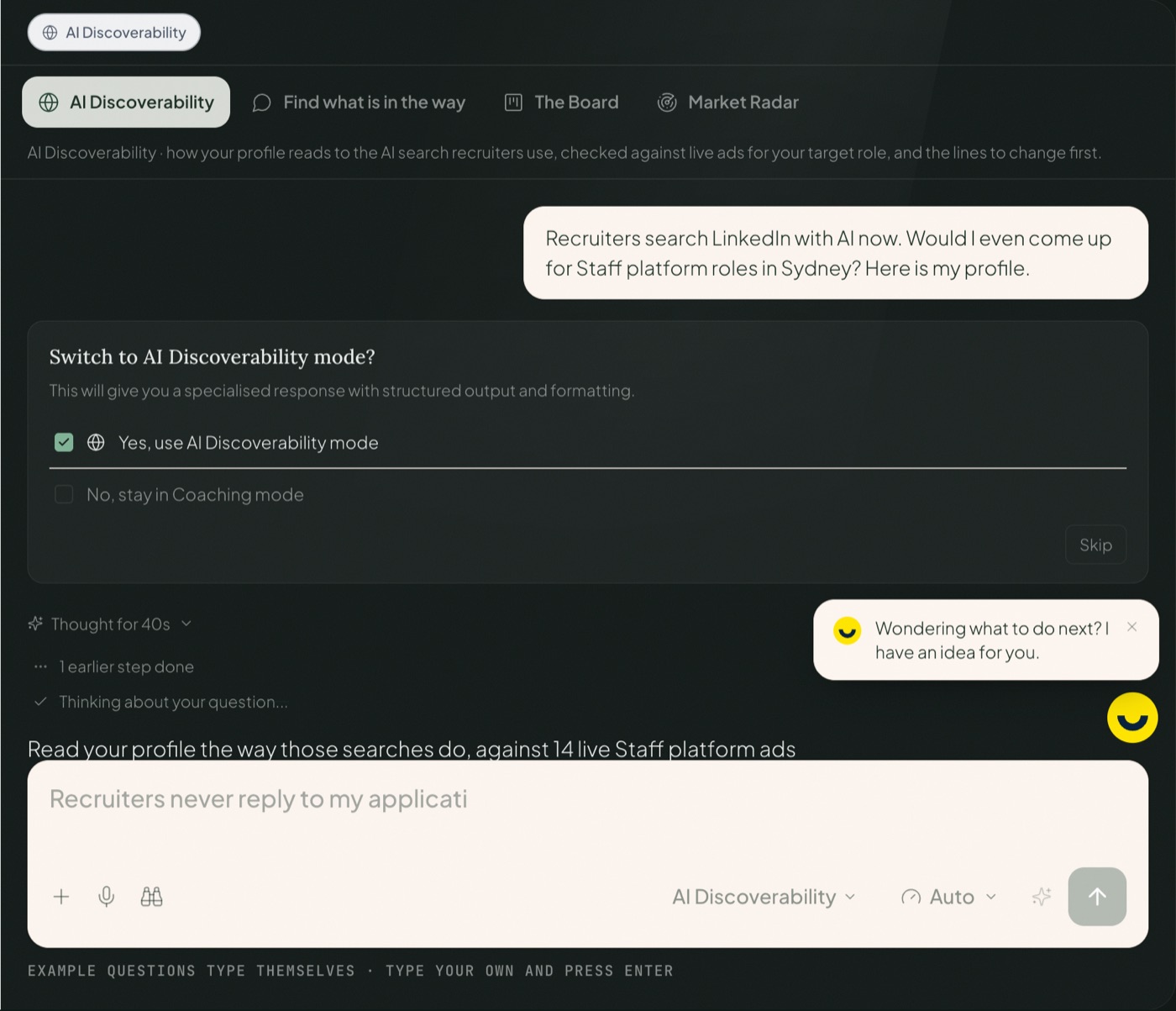Careersy AI: the AI Discoverability mode reading a profile against live Staff platform ads